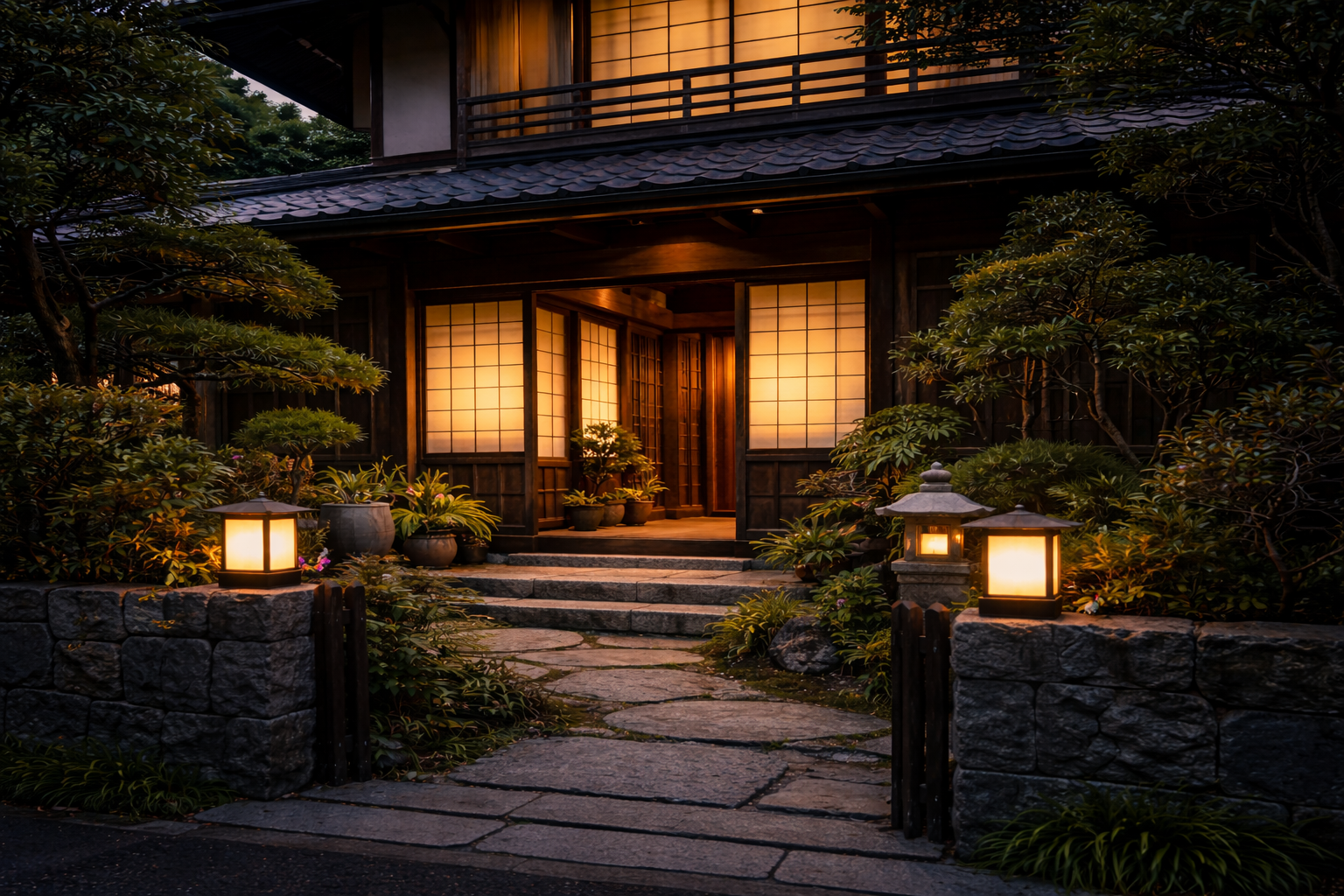 Traditional Japanese home entrance at dusk with warm lantern light